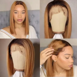 YesLaLa Black Roots Ombre Honey Brown Silky Straight Bob 13*4 Transparent Lace Frontal Wig