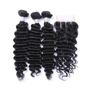 3 Bundles Natural Deep Wave With 4x4 Lace Closure 12A+ Virgin Human Hair