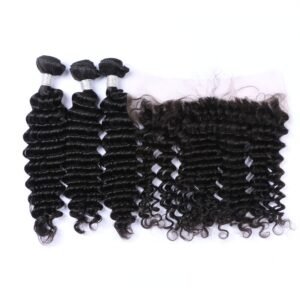 YesLaLa 3 Bundles Natural Deep Wave With 13*4 Lace Frontal 12A+ Virgin Human Hair