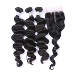 3 Bundles Natural Loose Wave With 4x4 Transparent Lace Closure 10A Virgin Human Hair